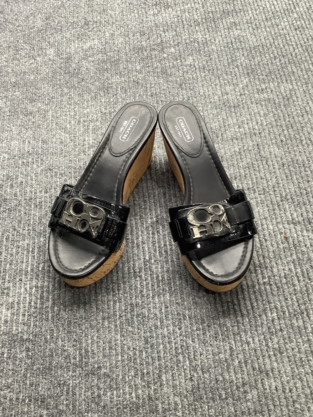 Coach Black Patent Leather Cork Wedge Slide Mules with Silver Logo